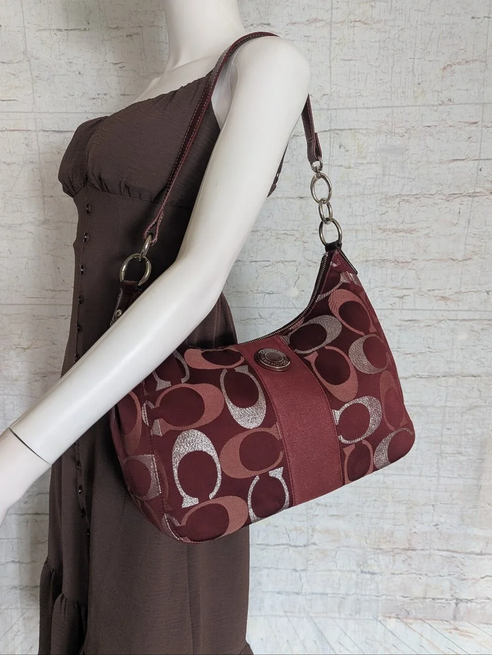 Coach Women's Maroon Signature Hobo Shoulder Bag